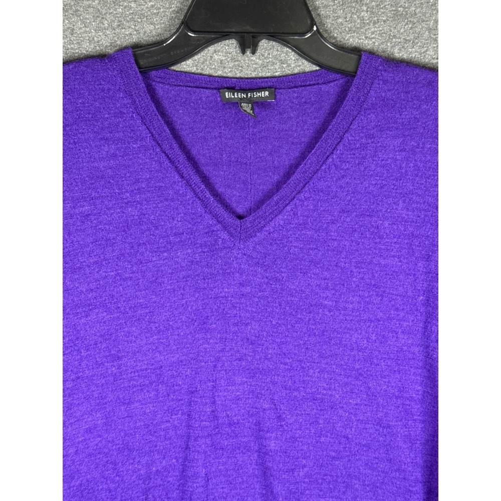 Eileen Fisher Merino Wool V-Neck Tunic Sweater Purple Pockets M minimalist chic - Picture 2 of 9